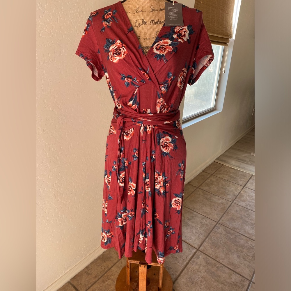 Garnet Hill Red floral spring dress size L